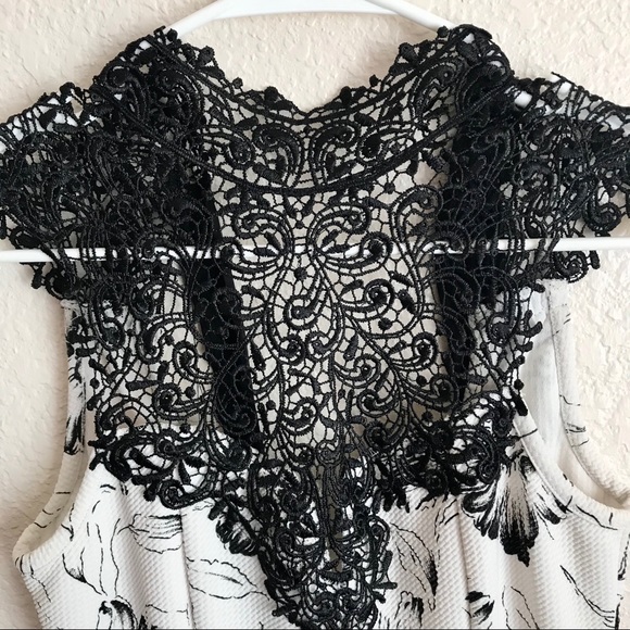 Black and White Floral Dress with Lace Neckline - Picture 3 of 7